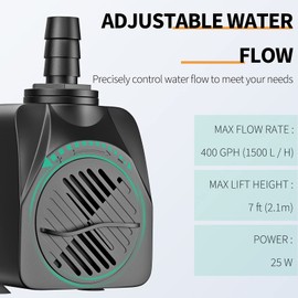 Uniclife UL400 Submersible Water Pump, 400 GPH Aquarium/Hydroponic/Fish Tank/Fountain/Pond/Statuary with 6' UL Listed Power Cord