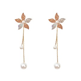 Rhinestone Romantic Crystal Rose Flower Earrings Five Leaves Exaggerated Round Hoop long Tassel Earring for Women Jewelry (Crystal Rose Flower Earrings-Gold)