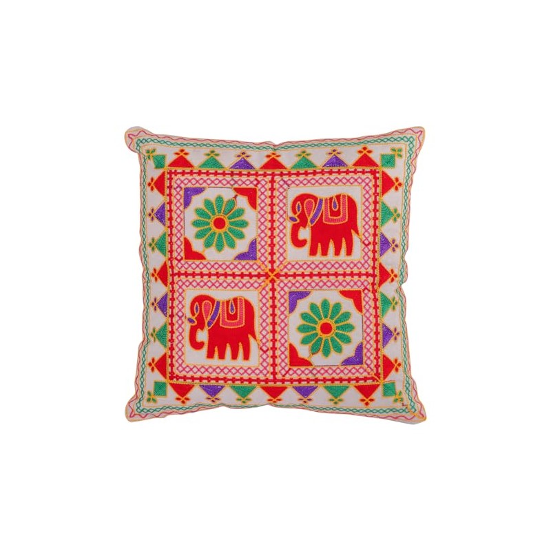 Indian Suzani Decorative Cushion Cover, 40x40 cm, Embroidered Cotton, Boho