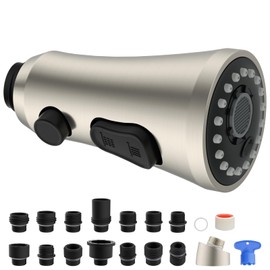 Hygie Rinse Universal Kitchen Faucet Head Replacement - 2.5GPM with 15 Adapter Kit Compatible with Kohler/Moen/Delta Faucet, 3 Function Pull Down Sink Faucet Spray Head, Brushed Nickel