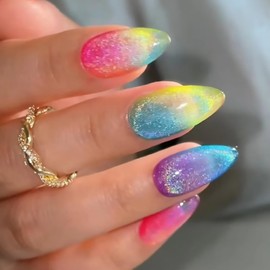 Tyuimhx Colorful Press on Nails Medium Almond Fake Nails Glossy False Nails with Glitter Designs Full Cover Stick on Nails Acrylic Reusable Artificial Nails for Women Glue on Nails 24Pcs