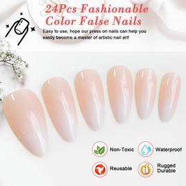 Ceboic 24 Pieces Artificial Nails Almond Medium, Pink White Gradient Nail for Sticking, French Tip Press On Nails, Nude Glossy Artificial Nails, Almond Acrylic Full Cover False Nails for Women and