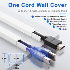 ZhiYo Cord Hider Wall for One Cord, 68in Cord Covers for Wires on Wall, Easy Install Cable Cover Wall, Cable Raceway White Hide Cords, Cable Hider Cord Management Wall, 4X L17in W0.6in H0.4in