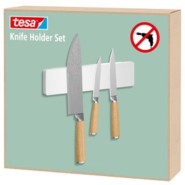 tesa Küchenzubehör Messer-Magnetleiste - selbstklebender Magnet-Messerhalter für die platzsparende Aufbewahrung von Messern in der Küche - mit Adapter, Wandmontage ohne Bohren - Weiß