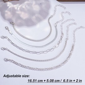 Dainty Silver Bracelets for Women Layered Trendy Minimalist Simple Cuban Link Paperclip Box Figaro Chain Adjustable Bracelet Set for Women (5Pcs)