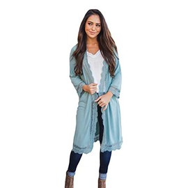 Tickled Teal Chaqueta de manga 3/4 para mujer, con ribete de encaje, informal, para abrigar, ropa de abrigo, Azul Pizarra, L