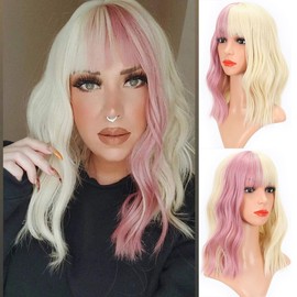 FAELBATY Short Blonde Wig Highlight Pink Wigs with Fringe Women's Blonde Mixed Pink Bob Wig Curly Wave Synthetic Cosplay Wig Costume Wigs (12 Inches Blonde Mixed Pink)