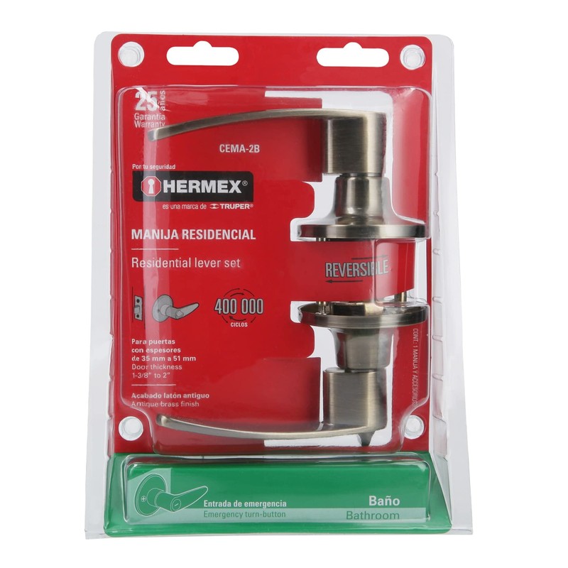 Hermex CEMA-2B, Cerradura de manija, cilindro de latón, acabado latón