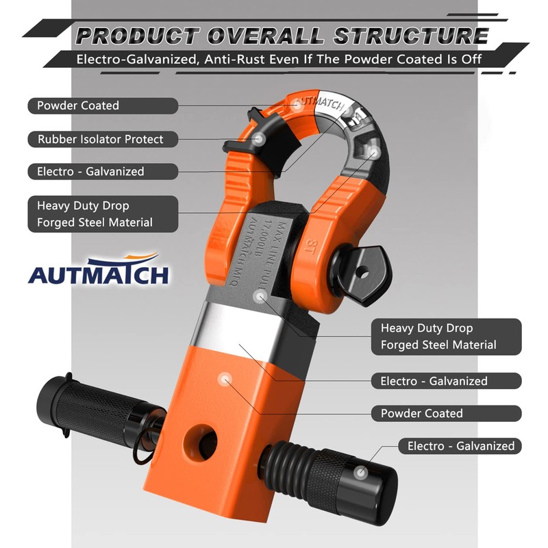 AUTMATCH Shackle Hitch Receiver 2" with 3/4" Mega D Ring