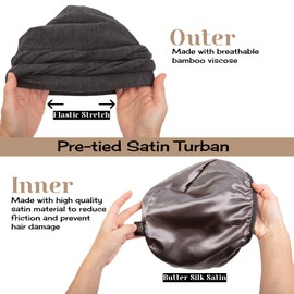 Gorra de calavera preatada con forro de satén de seda para hombres y mujeres, cubierta de pelo de bambú suave para dormir, Gris-oscuro, Medium