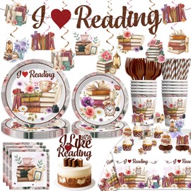 Xynic 177pcs Book Themed Party Decorations Tableware Complete Party Set, Book Club & Book-Themed Birthday Decorations I Like Reading PartySupplies, Serves 25 Guests