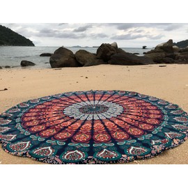 raajsee Blue Orange Round Beach Tapestry Hippie/Boho Beach Blanket Mandala/Indian Cotton Throw - Round Tablecloth/Home Decor/Indie Rug Yoga Mat Meditation Picnic Rugs 127 CM / 50 INCHE Circle