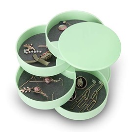 CONBOLA Jewelry Organizer, Small Jewelry Storage Box Earring Holder for Women, 4-Layer Rotating Travel Jewelry Tray Case with Lid for Bracelets Rings Bracelets (Green)