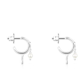 TOUS Aretes de Aro de Plata de Primera Ley para Mujer con Diámetro de 1,25 cm y Motivos de Oso, Corazón y Perla con Cierre de Presión, Elegante y Versátil, Colección Cool Joy