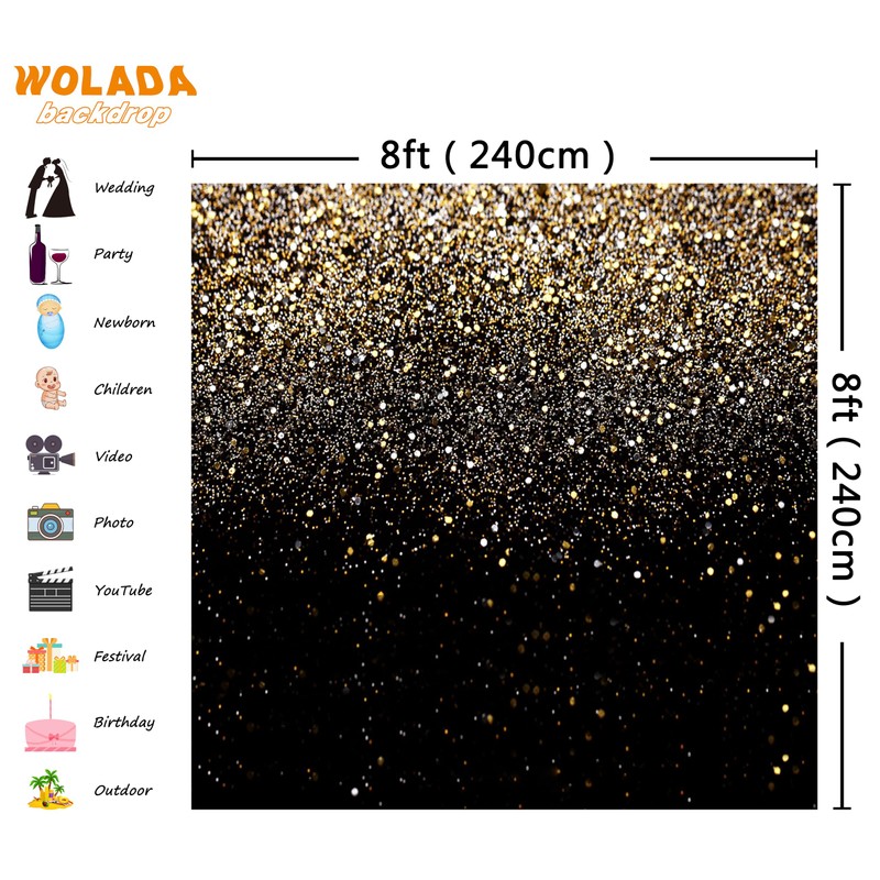 WOLADA 8x8FT Gold Backdrop Glitter Backdrop Gold Spots Bokeh Backdrop