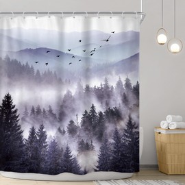 Riyidecor Purple Mountain Shower Curtain 72Wx84H Inch Extra Long Woodland Scenery Park Scene View Natural Foggy Pine Tree Alpine Cool Men Bathroom Decor Fabric Polyester Waterproof 12 Pack Hooks