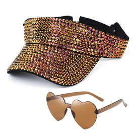 Sparkling Rhinestone Adjustable Sun Visor Hat with Heart Party Sunglasses for Women - Perfect for Golf, Disco, Cowgirl Style, Gold, One Size