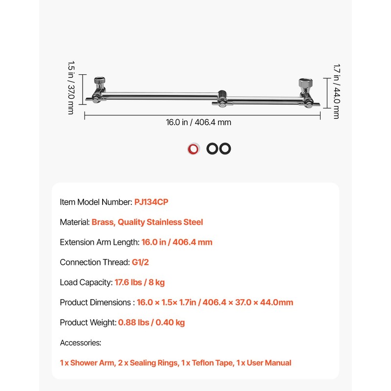 VEVOR Shower Head Extension Arm, 16 inches, Brass Shower Arm