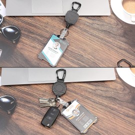 2 Pack Heavy Duty Retractable Badge Reel ID Badge Holder with Breakaway Lanyard Retractable Key Chain Carabiner with ID Cards Holder Cool Tactical ID Holder with Clip