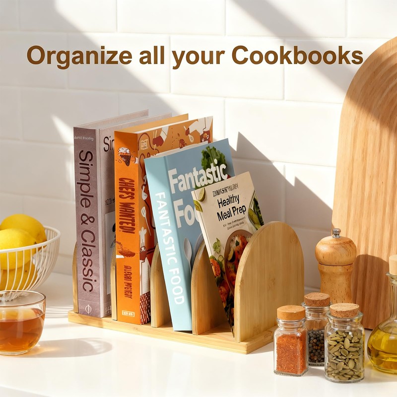Deefielly Cookbook Organizer, Wooden Countertop Bookshelf, Space-Saving Recipe Book Storage