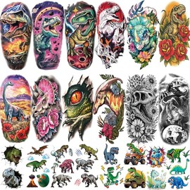 77 Sheets Dinosaur Temporary Tattoos for Kids Adult, Large Triceratops T-Rex Skull Raptor Claw Dinosaur Fake Tattoos for Boys Girl, Tiny Dino Tattoo for Birthday Party Favors T-rex Decoration