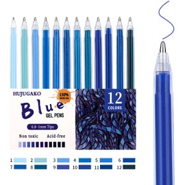 HUJUGAKO Blue Gel Pens,Glitter Metallic Crystal Pastel Fine Tip Pens with 150% More Ink Write Smooth for Adults Coloring Books Drawing Doodling Scrapbooks Bullet Journaling 12 Color