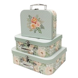 Emartbuy Set of 3 Rigid Luxury Presentation Suitcase Storage Gift Box, Pastel Green Flower Bouquet, White Interior with Metal Handle and Clasp