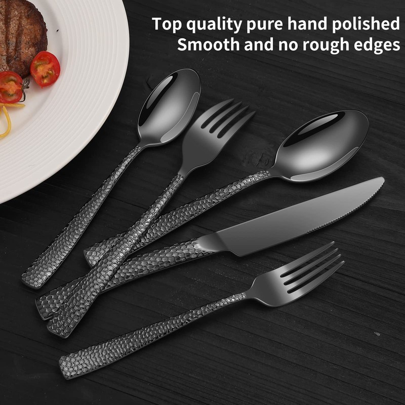 Remoxye 40-Piece Silverware Set, Black Hammered Stainless Steel Flatware Sets