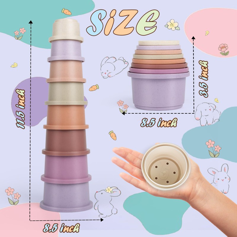 SKYWHALE 8PCS Stacking Cups for Rabbits, Stackable Bunny Toys, Natural