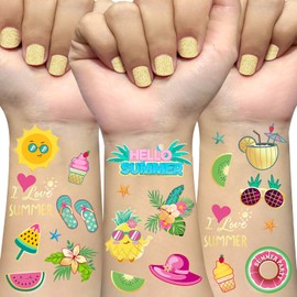 Ovasorve Summer Pool Party Temporary Tattoos for Kids, 44 Glitter Styles Hawaiian Luau Themed Tattoos, Tropical Beach Party Favors, Birthday Party Supplies