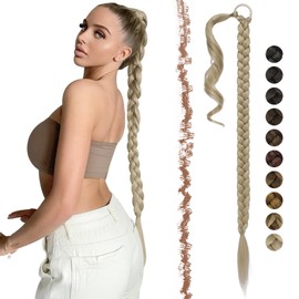 FESHFEN Braid Extensions Ponytail Extension with Scrunchie, 65 cm Long Ponytail Braided Synthetic Hair Extensions Hair for Braiding Ponytail Hairpiece for Women, Ash Blonde