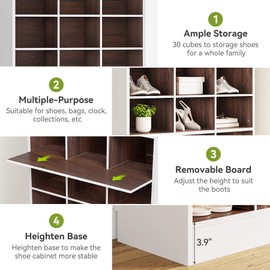 LITTLE TREE 10-Tier Tall Storage Cabinet, Shoe Cabinet with 30 Cubes, Shoe Storage Cabinet for Entryway, Freestanding Shoe Organizer for Living Room, White + Brown