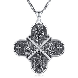 Midir&Etain Four Way Cross Necklace 925 Sterling Silver Traditional Catholic Pendant Necklace Crucifix Medal Necklace Protection Amulet Jewellery Gift for Men Women,22" Rolo Chain