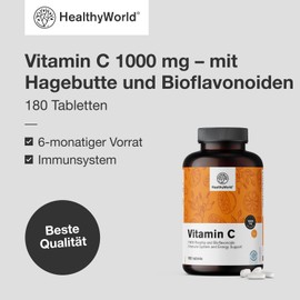 HealthyWorld® Vitamin C 1000 mg - With Rosehip and Bioflavonoids - 180 Tablets - 6 Month Supply - For the Immune System and More Energy - High Concentration - 1000 mg per Daily Dose