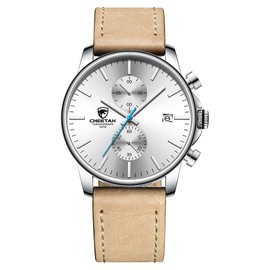 Men’s Watch Fashion Sleek Minimalist Quartz Analog Brown Leather Waterproof Chronograph Watches, Auto Date in Blue Hands, Color: Silver White