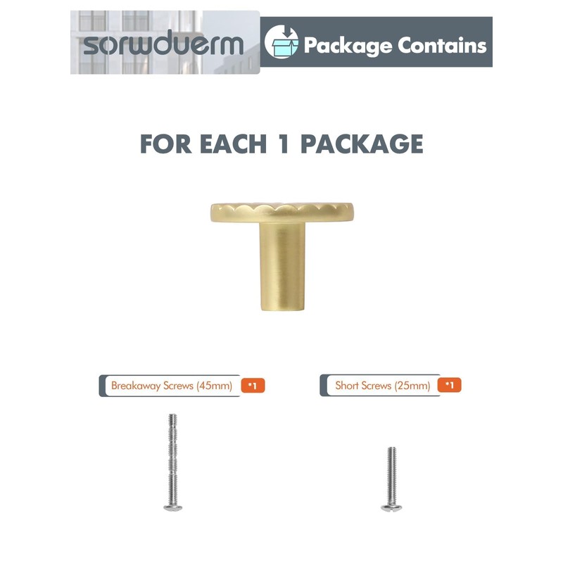 SORWDUERM 2 Pack Brushed Gold Cabinet Knobs Brass Kitchen Solid
