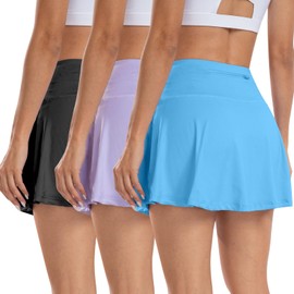 CHRLEISURE Women Tennis Golf Skirt with Pockets - High Waisted Golf Pleated Athletic Workout Dress Running Skort(AMZ72, Black, Purple, Blue,L)