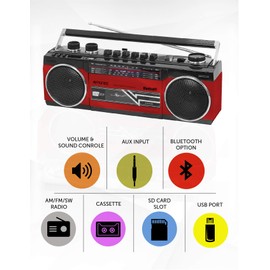 Riptunes Cassette Boombox, Retro Blueooth Boombox, Cassette Player and Recorder, AM/FM/SW-1-SW2 Radio-4-Band Radio, USB, and SD, RED