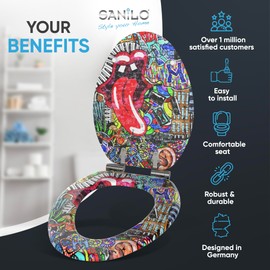 SANILO Wooden Toilet Seat with Soft Close [ELONGATED] - Decorative, Quiet & Slow Close Molded Wood Seat - With Strong Bumpers & Hinges - Adjustable Fit - Graffiti