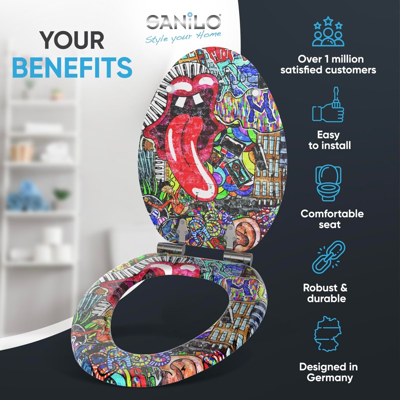 SANILO Wooden Toilet Seat with Soft Close [ELONGATED] - Decorative,