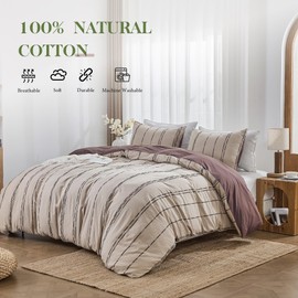 Simple&Opulence 100% Cotton Duvet Cover Set King Size, 3Pcs Khaki Boho Vintage Embroidered Stripe Bedding Set with Button Closure, Soft and Breathable Textured Comforter Cover for All Seasons