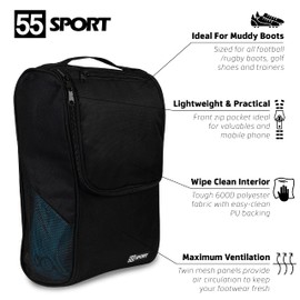 55 Sport Pro Ventilated Football Boot and Shoe Bag With Zipped Pocket - Black