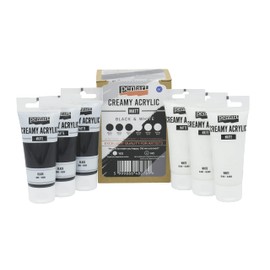 Pentart Creamy Acrylic Paints 6 x 60 ml, Water-based, Quick Drying, Mixable and Good Coverage (Matte, Black and White)