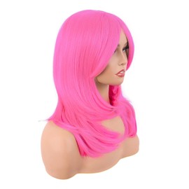 MapofBeauty 20 Inch/50 cm Long Layered With Bangs Straight Synthetic fiber Shoulder Length Hair Party Wig (Neon Pink)