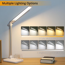 Qooltek LED Desk Lamp for Home Office, Touch Control Table Lamp with 5 Color Modes and Adjustable Brightness,Dual Swing Arm USB Charging Port Foldable Reading Light, Auto Timer, Silver White, 5W