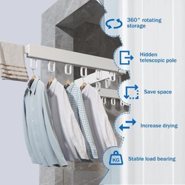 Clothes Drying Rack, Laundry Space Saver Wall Mounted,Retractable,Collapsible Triple Fold, White Color Metal Rack Clothing