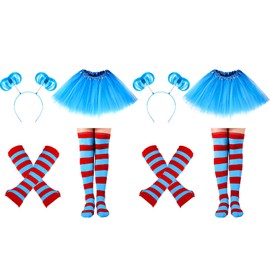 Silicherry 8 Pcs Women Blue Red Striped Costume Set Outfit Accessories Tutu Skirt Long Knee High Sock Striped Glove Headband(Lake Blue, Large)