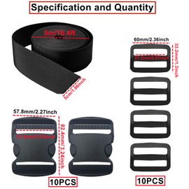 HUAZIZ Pack of 10 Buckles for 51 mm Webbing, Adjustable Side Release Plastic Buckles, 10 Pieces Metal D Ring Buckle 51 mm for Paracord Bracelets Dog Collar Backpacks Black, black