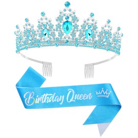 Queenship Birthday Tiara Crown with Sash for Women, Birthday Sash for Adult Women Queen Party Blue