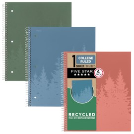 Five Star Spiral Notebook + Study App, 4 Pack, 1 Subject, Recycled College Ruled Paper, 8-1/2" x 11", 100 Sheets, Fights Ink Bleed, Includes 3 Colors + 1 Randomly Selected Color (820046-ECM24)